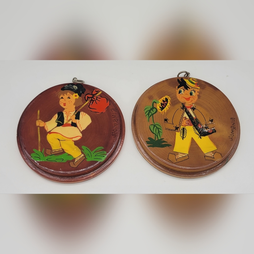 Vintage 4.5" Wooden Folk Art Romania Wall Hangings